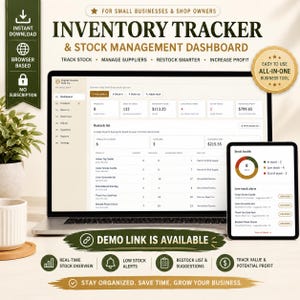 Puede incluir: Un panel de control digital para el seguimiento de inventario y gestión de existencias mostrado en una pantalla de portátil y una tableta. La interfaz muestra recuentos de productos, valores de inventario, beneficios y alertas.