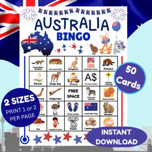 May include: A colorful Australia Bingo game with images of Australian animals and icons. The game includes the text "Australia Bingo", "50 Cards", and "Instant Download". The game is available in 2 sizes, print 1 or 2 per page.