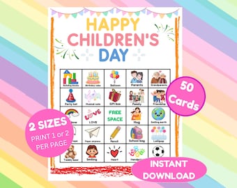 May include: A vibrant printable game sheet with the words "HAPPY CHILDREN'S DAY". The sheet features illustrations of building blocks, a birthday cake, balloons, and other children's related images. The text "50 Cards", "2 Sizes", and "Instant Download" are also visible.