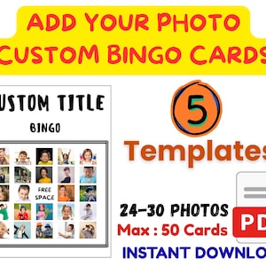 Op de afbeelding: Een afbeelding die aangepaste bingokaarten promoot. De afbeelding toont een bingokaartsjabloon met ruimte voor foto's, de tekst "CUSTOM TITLE BINGO" en de woorden "ADD YOUR PHOTO CUSTOM BINGO CARDS". Het benadrukt ook "5 Templates", "24-30 PHOTOS" en "Max: 50 Cards".