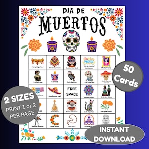Peut inclure: Un ensemble de cartes de bingo Día de Muertos colorées avec une tête de mort en sucre, des bougies et d'autres images thématiques. La carte comprend le texte "Día de Muertos", "50 Cartes", "2 Tailles", et "Téléchargement instantané".