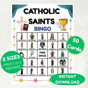 May include: A colorful Catholic Saints Bingo game printable with illustrations of saints, a cross, chalice, and Holy Bible. The game includes 50 cards and is available in 2 sizes. The text reads "Instant Download".