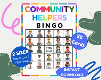 Community Helpers Bingo Game – 50 Career Cards, Classroom Activity (Digital Download)
