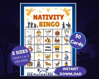 Nativity Bingo Game – 50 Christmas Cards, Sunday School Activity (Digital Download)