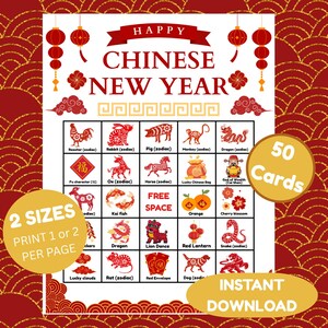 May include: A festive Chinese New Year bingo card with red and gold accents. The card features zodiac animal illustrations, Chinese lanterns, and the text "Happy Chinese New Year." Includes 50 cards and is available in 2 sizes.
