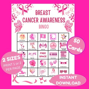 以下が含まれることがあります： 乳がん啓発のピンクと白のビンゴゲームカード。カードには「Breast Cancer Awareness Bingo」の文字と20枚の画像が含まれています。カードには「50枚のカード」、「2つのサイズ」、および「インスタントダウンロード」という言葉も含まれています。