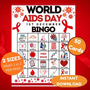 Pode incluir: Um cartão de jogo de bingo do Dia Mundial da AIDS em vermelho e branco. O cartão apresenta vários ícones relacionados à conscientização sobre HIV/AIDS, incluindo uma fita vermelha, símbolos médicos e o texto "World AIDS Day". O texto "Instant Download" também está presente.