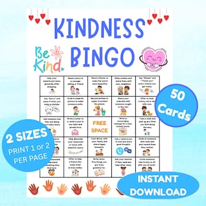 Puede incluir: Un juego imprimible de "Kindness Bingo" con un diseño azul y blanco. El juego incluye 50 tarjetas y presenta varios actos de bondad. El texto incluye "2 tamaños" y "Descarga instantánea".