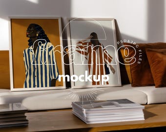 2:3 Ratio Set of 2 Frame Mockup | PSD & JPG | Modern Living Room Poster Display | Minimal Interior Wall Art Template - ST002