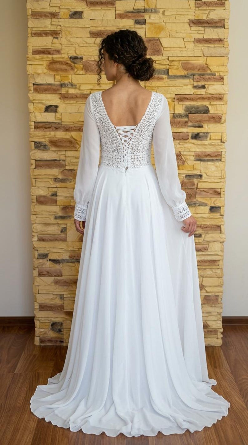 Boho Wedding Dress Long Sleeve Chiffon Bridal Gown V Neck Lace Bohemian