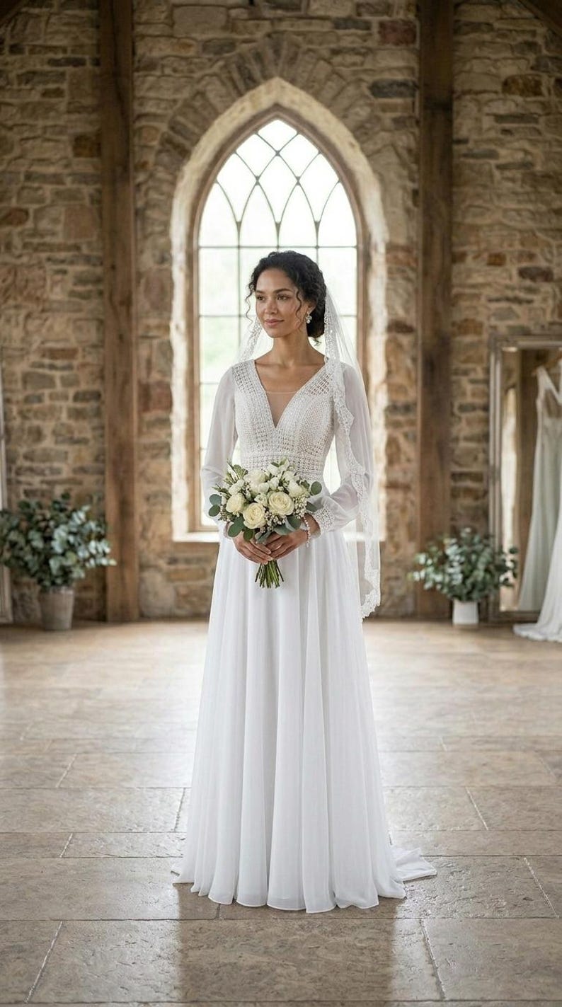 Boho Wedding Dress Long Sleeve Chiffon Bridal Gown V Neck Lace Bohemian