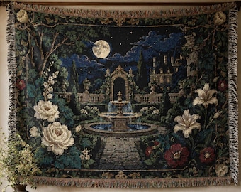 Moonlit Garden Fountain Tapestry Wall Hanging Gothic Floral Wall Art Large Wall Tapestry Woven Throw Blanket Old World Chateau Decor