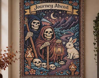 Journey Ahead Tapestry Wall Hanging Gothic Skeleton Wall Art Woven Throw Blanket Raven Rabbit Fantasy Adventure Decor