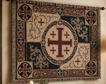 Jerusalem Cross Tapestry Wall Hanging Medieval Heraldic Decor Woven Throw Blanket Gothic Cross Wall Art Crusader Style Textile