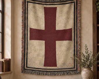 Templar Cross Tapestry Wall Hanging Medieval Cross Wall Art Woven Throw Blanket Crusader Heraldic Decor