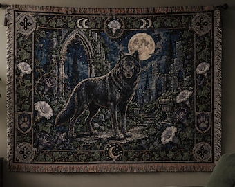 Zwarte wolf wandtapijt muur opknoping gotische maan ruïnes muur kunst grote wandtapijten geweven deken donkere botanische Castlecore slaapkamer decor
