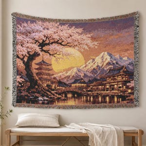 Cherry Blossom Tapestry Wall Hanging Japanese Temple Sunset Mountain Woven Throw Blanket Asian Decor Sakura Pagoda Wall Art Landscape Gift