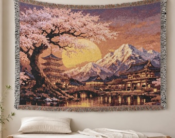 Tapeçaria de parede com estampa de flor de cerejeira, templo japonês ao pôr do sol na montanha, manta tecida, decoração asiática, arte de parede com pagode de sakura, paisagem, presente.