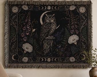 Gothic Owl Tapestry Wall Hanging Dark Botanical Moon Wall Art Large Wall Tapestry Woven Throw Blanket Witchy Dark Academia Decor