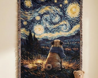 Sternenklare Nacht Mops Tapisserie Wandbehang Gewebte Decke Niedlicher Hund Dekor Gemütliche Kinder Zimmer Wanddekoration Van Gogh inspirierte Wand Kunst Nach Hause werfen Geschenk