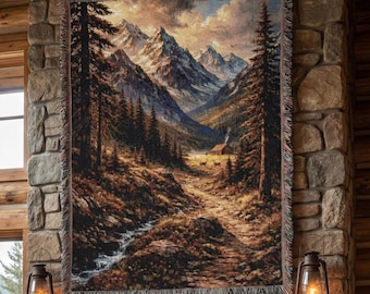 Arazzo da parete in tessuto con paesaggio montano, coperta in tessuto, arredamento rustico per baita, regalo per escursioni sui sentieri alpini, grande arazzo da parete