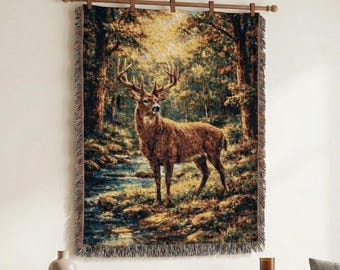 Arazzo da parete con cervo, decorazione da parete con cervo, coperta tessuta, decorazione rustica da baita, arazzo da parete con natura e foresta, coperta tessuta, arte con frange