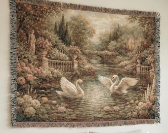 Französischer Garten Schwan Wandbehang Verdure Gewebte Decke Vintage Cottagecore Floral Lake Manor Dekor Country Classic Wandkunst