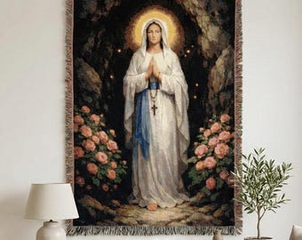 Tapeçaria da Virgem Maria para pendurar na parede, decoração católica, Nossa Senhora de Lourdes, manta tecida para sala de oração, arte cristã para parede, decoração de quarto de estudante, presente.