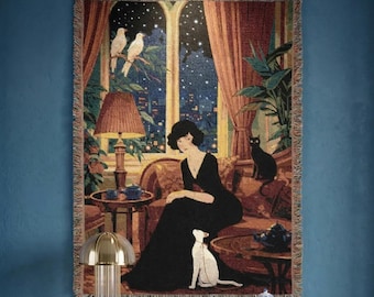 Vintage Lady Wandbehang Moody Paris Wohnung Dekor Gewebte Decke Altes Geld Ästhetik Dark Academia Wandkunst Katzenliebhaber Geschenk