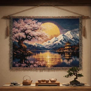 Tapiz de pared con diseño de flor de cerezo japonesa, gran tapiz tejido, manta Sakura, luna, montaña, lago, pagoda, colgante de pared, decoración zen, manta con flecos