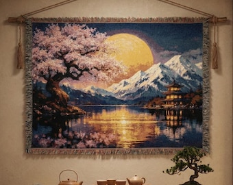 Japanischer Kirschblüten-Tapisserie Wandkunst Große gewebte Tapisserie Decke Sakura Mond Bergsee Pagode Wandbehang Zen-Dekor Fransen werfen