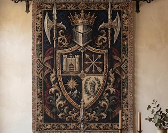 Medieval Heraldic Tapestry Wall Hanging Gothic Crest Wall Art Knight Shield Dark Academia Decor Large Wall Tapestry Home Decor Castlecore