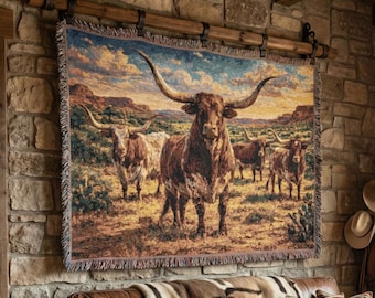 Texas Longhorn Rinder gewebter Wandteppich Western Ranch Wand Dekor Tapisserie Decke Rustikal Bauernhaus Geschenk gewebter Überwurf Franse Art