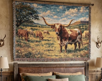 Arazzo da parete con motivo Texas Longhorn, arte western, decorazione rustica da ranch, scena di bestiame al pascolo, coperta, regalo country per lui