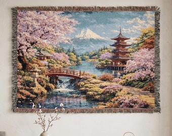 Cherry Blossom Tapestry Wall Hanging Japanese Garden Wall Art Sakura Pagoda Mount Fuji Scenic Woven Throw Blanket Spring Zen Room Wall Decor