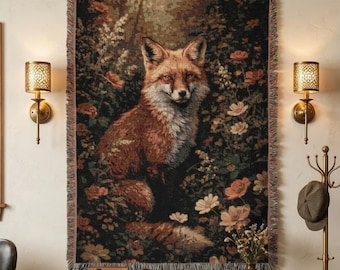 Fuchs Tapisserie Wandbehang Blumenwald Dekor Gewebte Decke Cottagecore Waldtier Wand Kunst Botanische Rustikal Boho Wildtier Geschenk