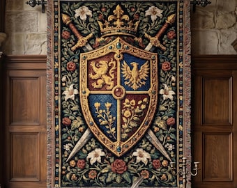 Arazzo con scudo araldico medievale da appendere al muro, arte murale floreale gotica, coperta tessuta, stemma reale, castello fantasy, decorazione per la casa vintage, regalo