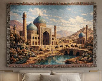 Persian Garden Tapestry Wall Hanging Islamic Architecture Wall Art Middle Eastern Bridge Scene Woven Throw Blanket Palace Garden Home Decor