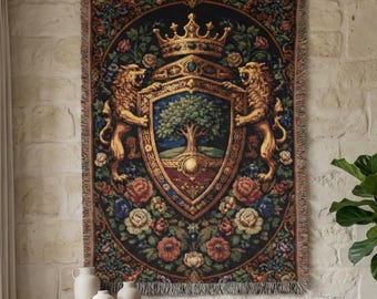 Coperta arazzo con scudo araldico intrecciato - Arazzo da parete con stemma del leone medievale, coperta con stemma gotico reale per l'arredamento classico della casa di Castlecore