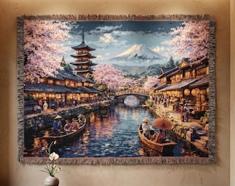 Arazzo da parete con fiori di ciliegio, arte murale di un villaggio giapponese, coperta tessuta, canale Sakura, pagoda, monte Fuji, città fluviale panoramica, regalo