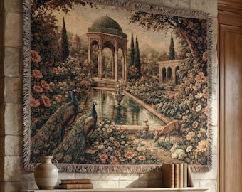 Vintage Persische Garten Tapisserie Wandbehang Gewebte Decke Blumen Pfau Romantisches Dekor für Schlafzimmer Wohnzimmer, Wandkunst mit Fransen