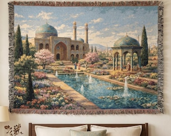 Persian Garden Tapestry Wall Hanging Islamic Architecture Wall Art Floral Courtyard Decor Woven Throw Blanket Middle Eastern Old World Decor