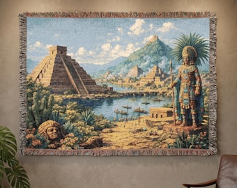 Tapiz antiguo mesoamericano para colgar en la pared, manta tejida, arte mural de pirámide, decoración de templo de inspiración azteca, paisaje histórico, regalo para el hogar