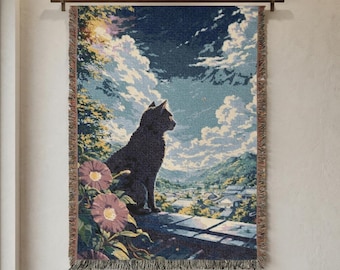 Schwarze Katze Tapisserie Wand Kunst Gewebt Wurf Große Decke Japanische Landschaft Anime Wandbehang Berglandschaft Dekor Katzenliebhaber Geschenk Schlafzimmer