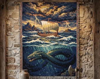 Tapiz de serpiente marina vikinga para colgar en la pared, arte de fantasía nórdica, escena de océano tormentoso, manta decorativa para sala de juegos, regalo para él, arte náutico.