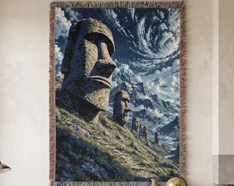 Moai Statue Tapestry Wall Hanging Easter Island Wall Art Ancient Decor Stone Head Monument Landscape Woven Throw Blanket Surreal Home Decor
