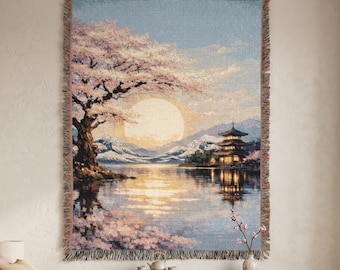 Arazzo giapponese Sakura da appendere al muro, tramonto sul lago, arte murale, pagoda, decorazione con montagna in fiore di ciliegio, coperta, arredamento asiatico per la casa, regalo per lei