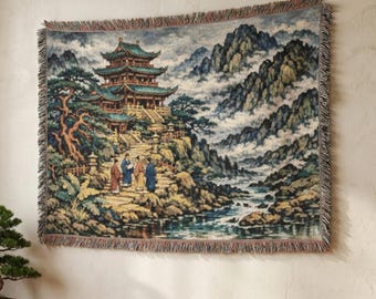Chinese Pagoda Mountain Temple Tapestry Wall Hanging Woven Tapestry Blanket Misty River Landscape Asian Decor Zen Room Wall Art Fringe