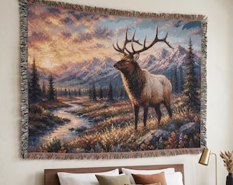 Elk Tapestry Wall Hanging Mountain Wildlife Large Wall Art Rustic Cabin Decor Woven Throw Blanket Scenic Nature Landscape Lodge Decor Gift