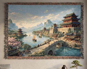 Chinese Landscape Tapestry Wall Hanging Asian Palace Wall Art River Village Decor Pagoda Bridge Woven Throw Blanket Chinese River Wall Decor